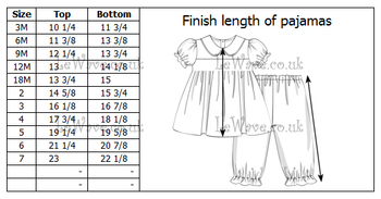 Sleepwear size chart 